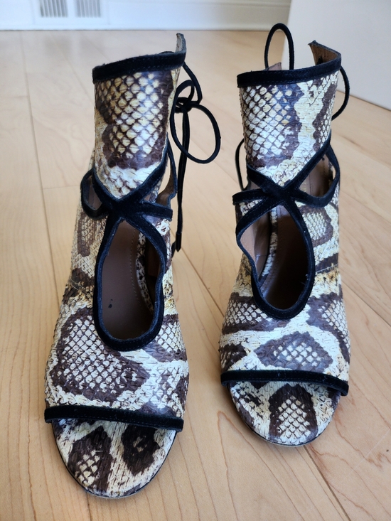 Aquazzura Shoes - Aquazzura Brown & Cream Snake-Print Peep Toe Lace-Up Cutout Heels EU37.5